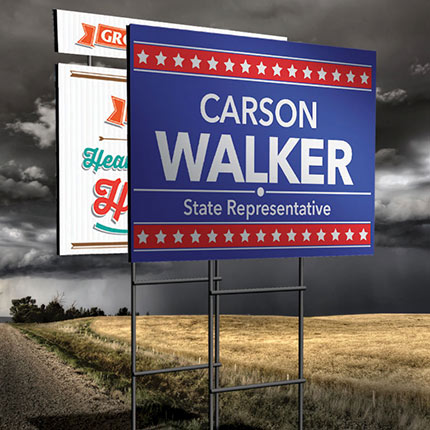 Custom coroplast signs on H-stakes.