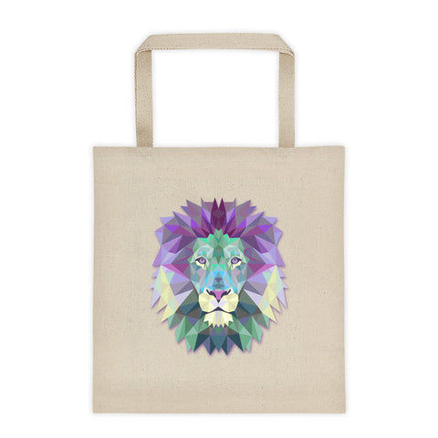 12 oz. cotton tote bag printed with polygonal lion head.