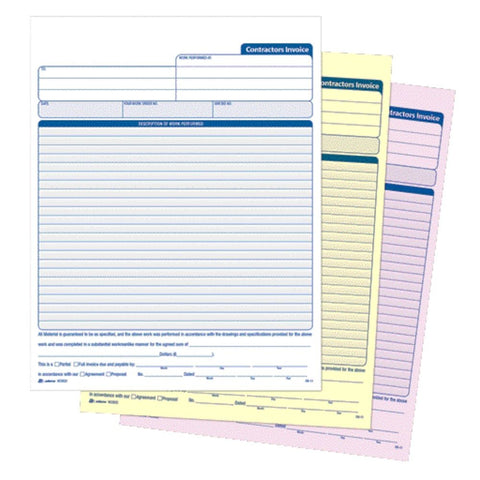 Three part carbonless forms with white, yellow, pink sheets.