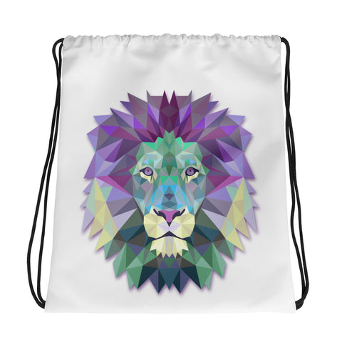 Drawstring bag custom printed with colorful polygonal lion head.