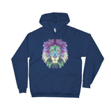 Custom printed navy American Apparel pullover hoodie with colorful polygonal lion head.