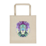 12 oz. cotton tote bag printed with polygonal lion head.
