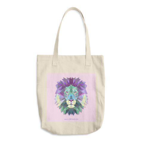 Cotton tote bag with direct to garment printed polygonal lion head image.