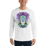 Custom printed white Gildan long sleeve t-shirt with colorful polygonal lion head.