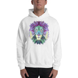 Custom printed white Gildan hoodie with colorful polygonal lion head.