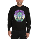 Custom printed black Champion sweatshirt with colorful polygonal lion head.