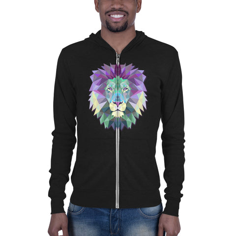 Custom printed black Bella + Canvas hoodie with colorful polygonal lion head.