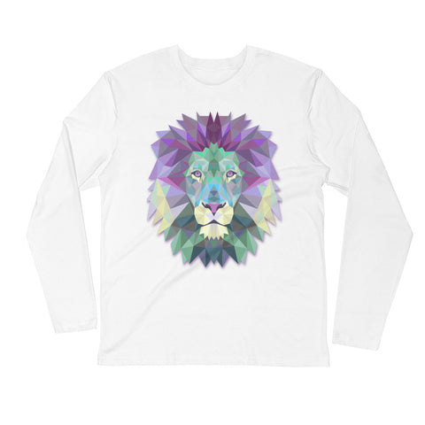 Custom printed white Next Level long sleeve t-shirt with colorful polygonal lion head.