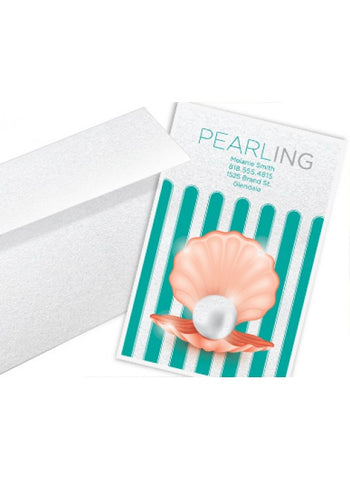 Greeting card printed on pearl metallic stock beside matching envelope.